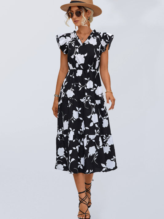 Floral V-Neck Flying Sleeve Midi Dress – Lightweight, Woven for Summer