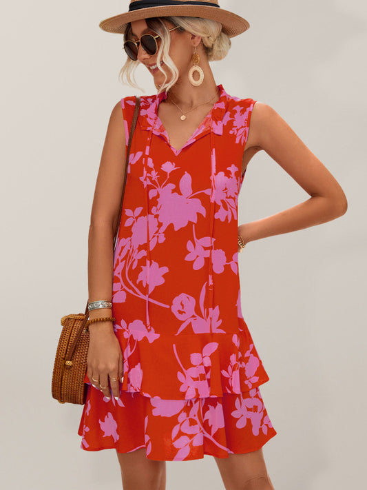 Floral Strappy Ruffle Vacation Dress – Sleeveless V-Neck Summer Style