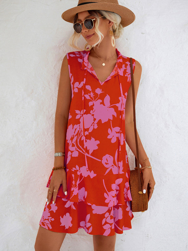 Floral Strappy Ruffle Vacation Dress – Sleeveless V-Neck Summer Style