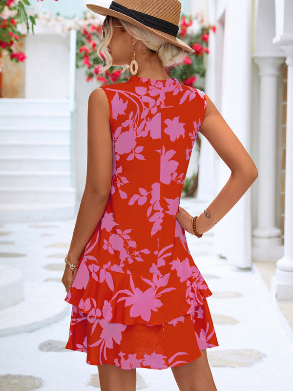 Floral Strappy Ruffle Vacation Dress – Sleeveless V-Neck Summer Style