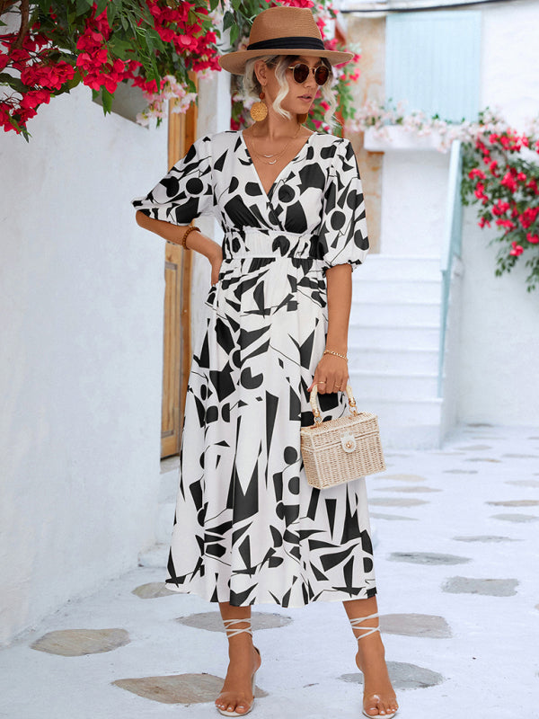 V-Neck Puff Sleeve Midi Dress – Lightweight Geometric Print for Spring & Summer