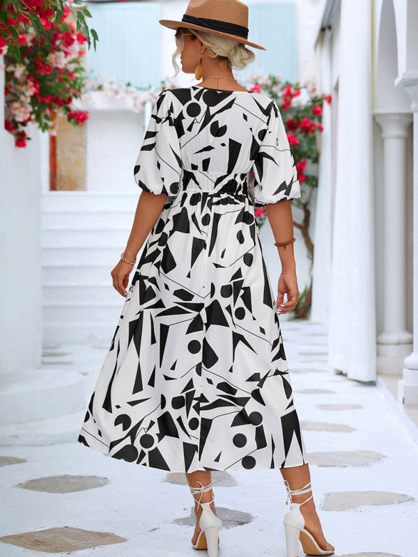 V-Neck Puff Sleeve Midi Dress – Lightweight Geometric Print for Spring & Summer