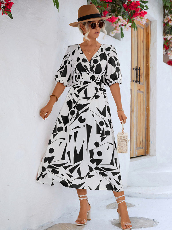 V-Neck Puff Sleeve Midi Dress – Lightweight Geometric Print for Spring & Summer