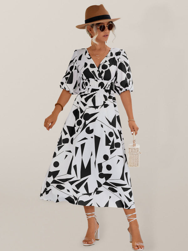 V-Neck Puff Sleeve Midi Dress – Lightweight Geometric Print for Spring & Summer