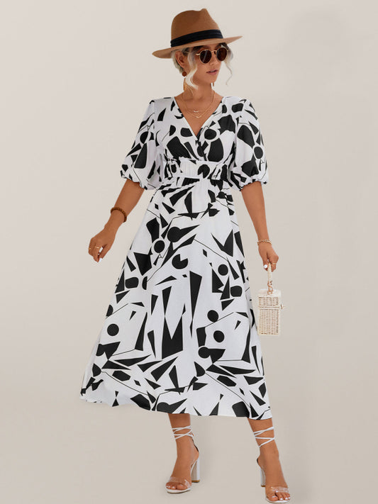 V-Neck Puff Sleeve Midi Dress – Lightweight Geometric Print for Spring & Summer
