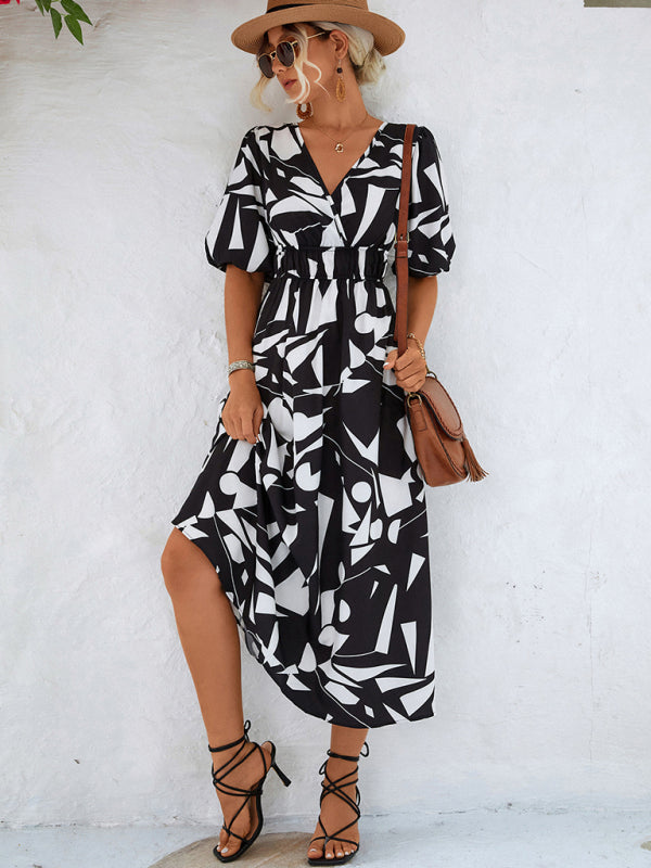 V-Neck Puff Sleeve Midi Dress – Lightweight Geometric Print for Spring & Summer