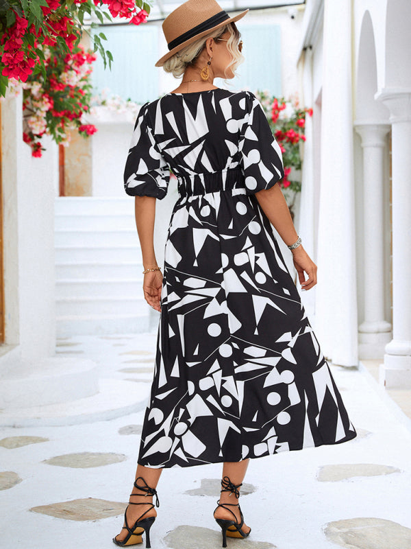 V-Neck Puff Sleeve Midi Dress – Lightweight Geometric Print for Spring & Summer