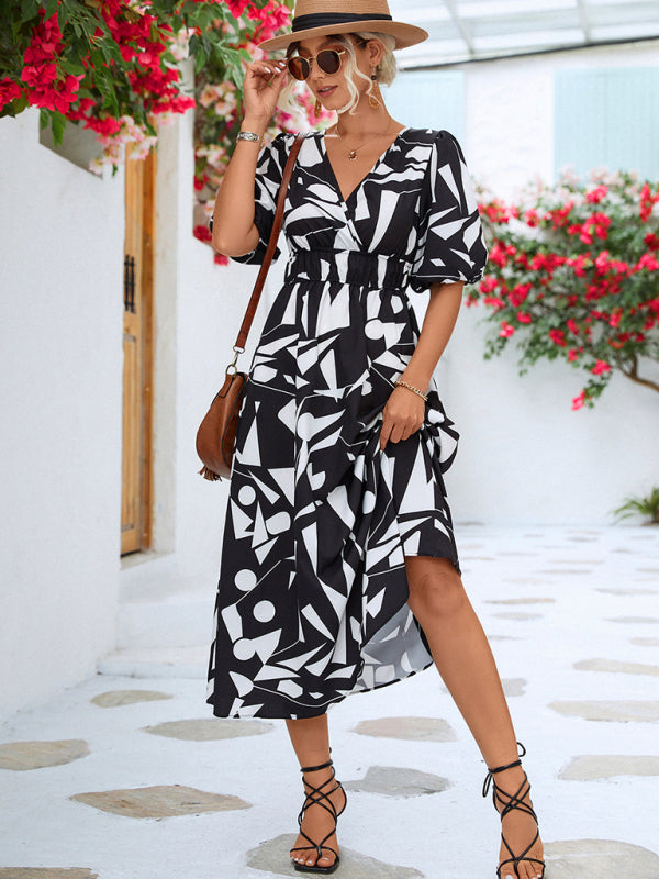 V-Neck Puff Sleeve Midi Dress – Lightweight Geometric Print for Spring & Summer