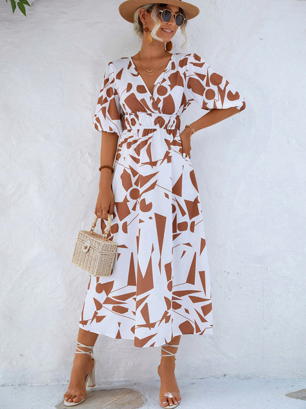 V-Neck Puff Sleeve Midi Dress – Lightweight Geometric Print for Spring & Summer