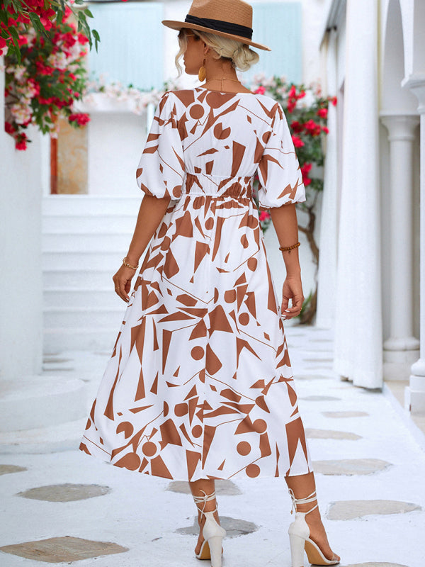 V-Neck Puff Sleeve Midi Dress – Lightweight Geometric Print for Spring & Summer