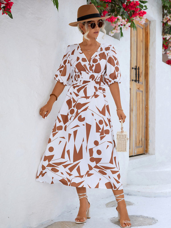V-Neck Puff Sleeve Midi Dress – Lightweight Geometric Print for Spring & Summer