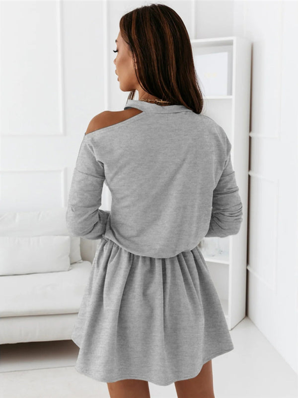 Off-Shoulder Long Sleeve Dress – Solid Color Leisure Style for Daily Wear