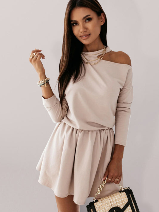 Off-Shoulder Long Sleeve Dress – Solid Color Leisure Style for Daily Wear