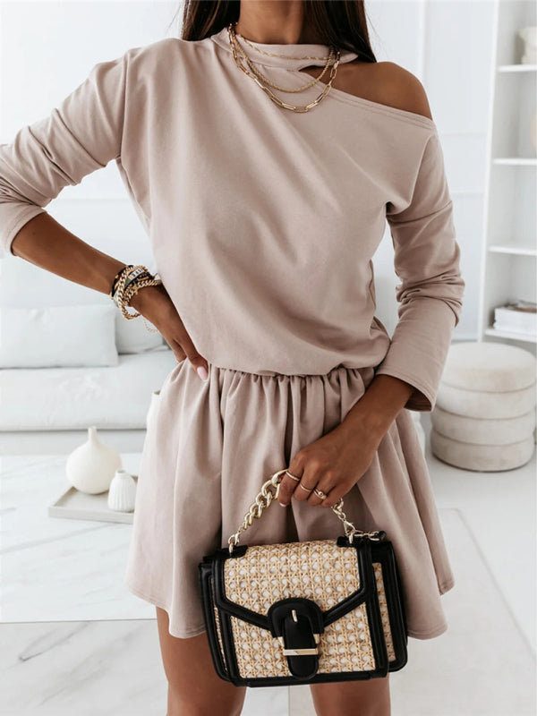 Off-Shoulder Long Sleeve Dress – Solid Color Leisure Style for Daily Wear
