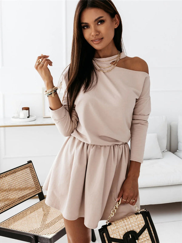 Off-Shoulder Long Sleeve Dress – Solid Color Leisure Style for Daily Wear