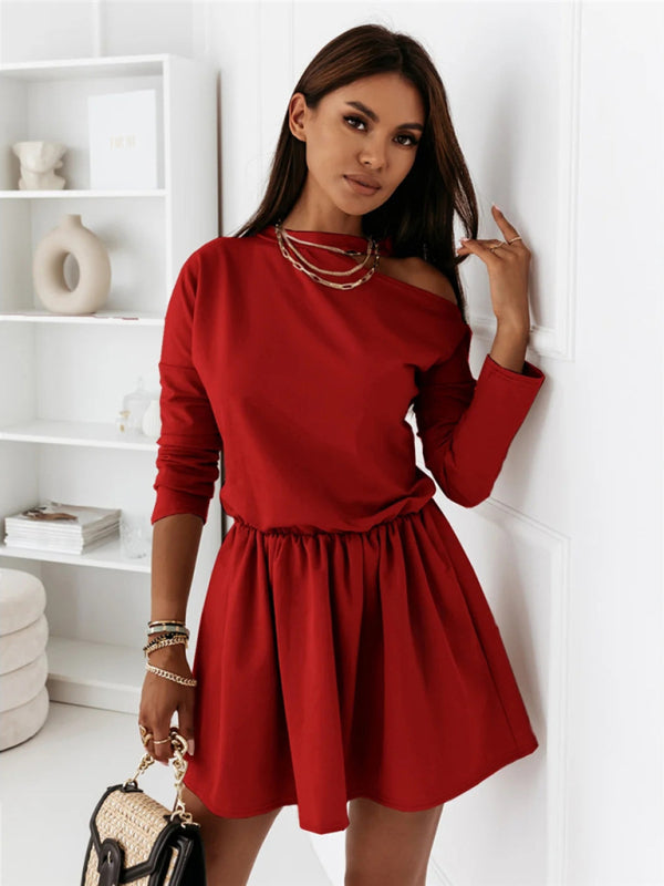 Off-Shoulder Long Sleeve Dress – Solid Color Leisure Style for Daily Wear