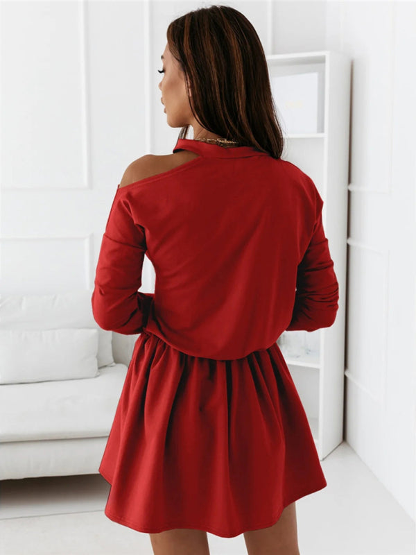 Off-Shoulder Long Sleeve Dress – Solid Color Leisure Style for Daily Wear