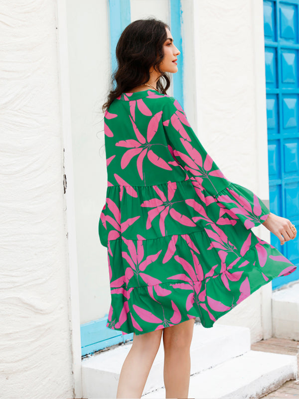 Floral Boho Bell Sleeve Midi Dress – V-Neck, High Waist & Tropical Print