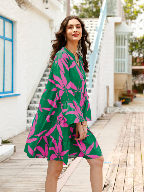 Floral Boho Bell Sleeve Midi Dress – V-Neck, High Waist & Tropical Print
