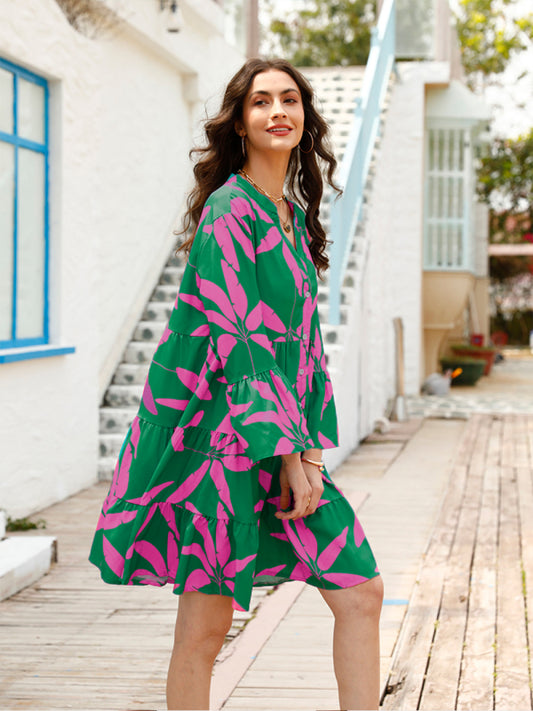Floral Boho Bell Sleeve Midi Dress – V-Neck, High Waist & Tropical Print