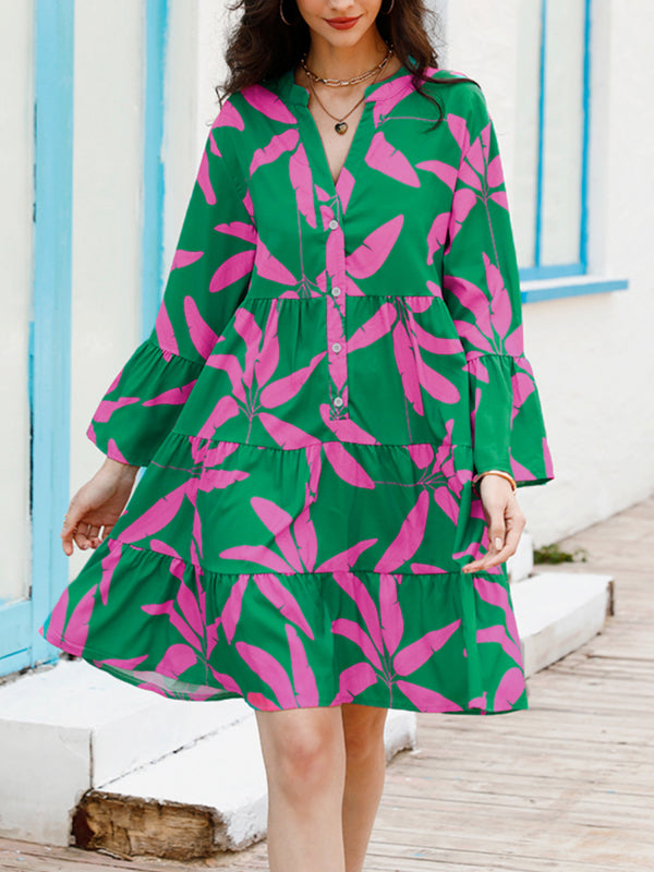 Floral Boho Bell Sleeve Midi Dress – V-Neck, High Waist & Tropical Print
