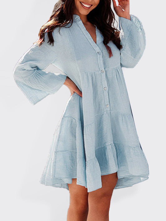 Solid Color Bell Sleeve Dress – Flowy Long Sleeve Midi Dress with V-Neck