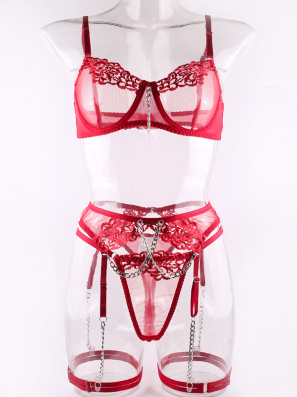 Embroidered Chain Detail Lingerie Set with Leg Wrap
