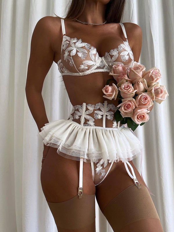 Embroidered Three-Piece Lingerie Set with Bra, Garter Belt & Mini Skirt
