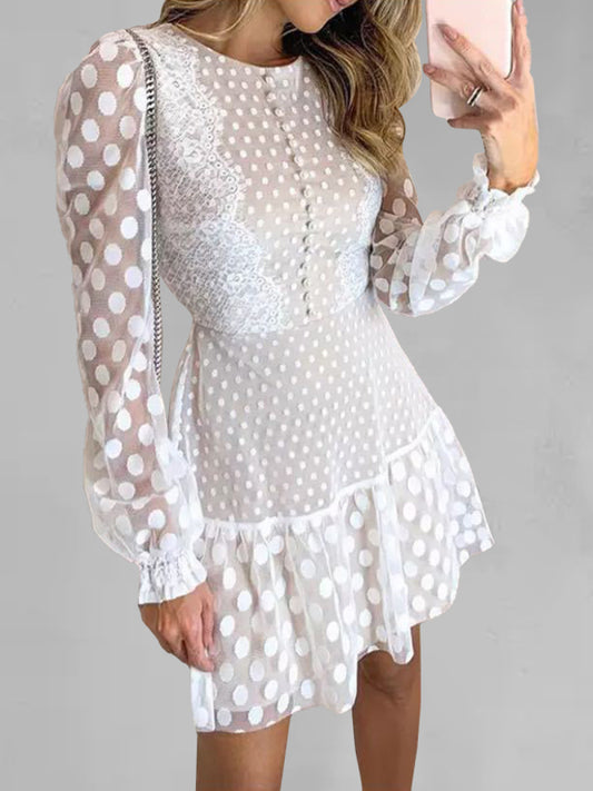 Elegant Polka Dot Lace Long Sleeve Dress – Romantic High Waisted Fit