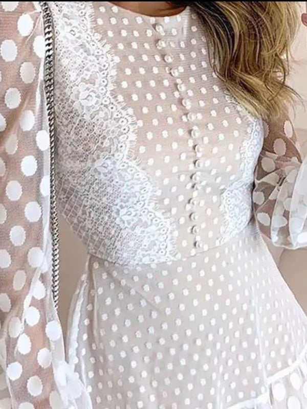 Elegant Polka Dot Lace Long Sleeve Dress – Romantic High Waisted Fit
