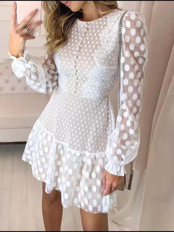 Elegant Polka Dot Lace Long Sleeve Dress – Romantic High Waisted Fit