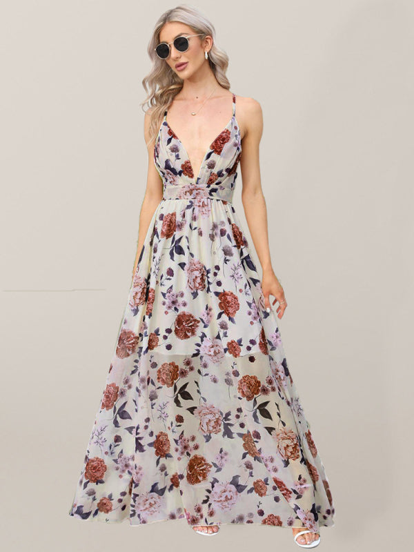 Chiffon Floral Maxi Dress – Backless V-Neck Sundress with Spaghetti Straps