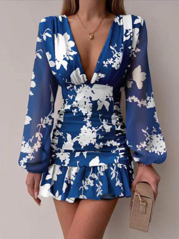V-Neck Lantern Sleeve Dress – Retro High Waist