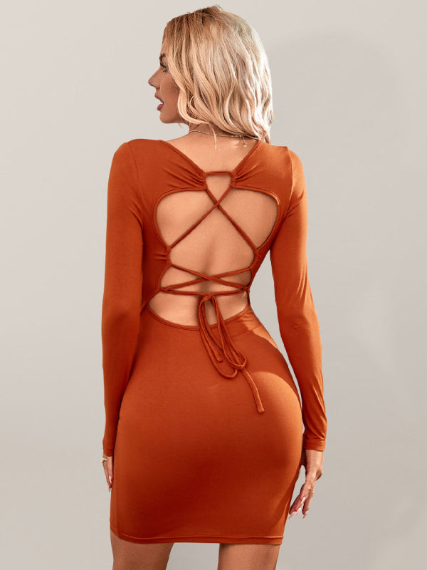 Knitted Square Neck Backless Tie Midi Dress – Long Sleeve Bodycon