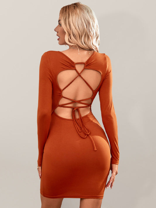 Knitted Square Neck Backless Tie Midi Dress – Long Sleeve Bodycon