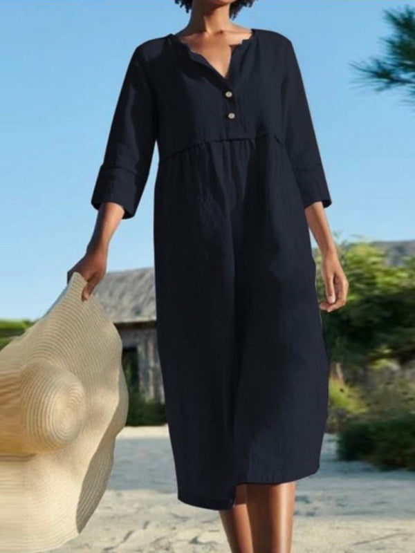 Cotton Linen Button Pocket Long Sleeve Dress
