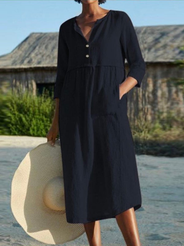 Cotton Linen Button Pocket Long Sleeve Dress