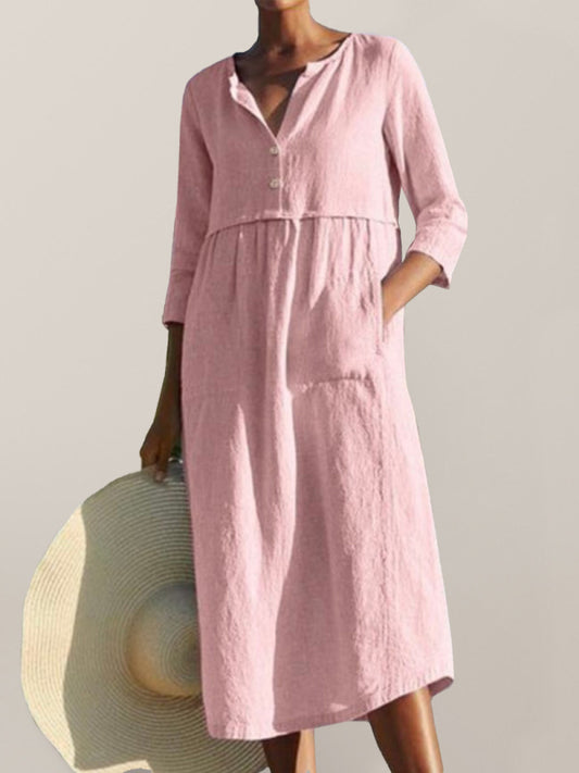 Cotton Linen Button Pocket Long Sleeve Dress