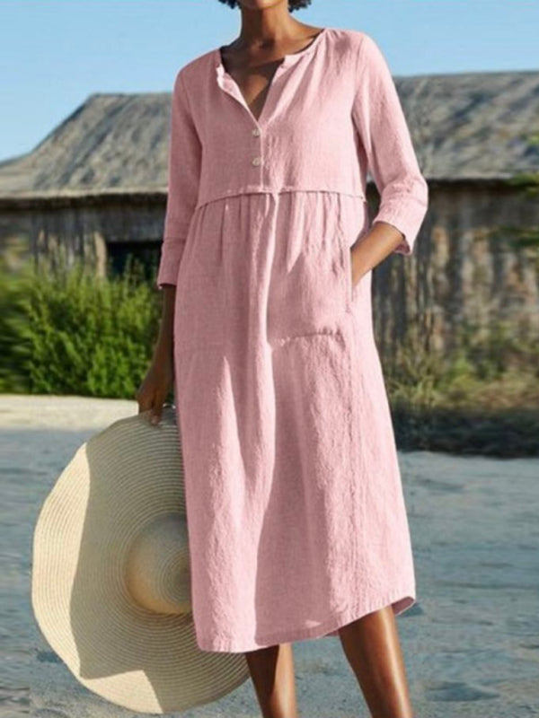 Cotton Linen Button Pocket Long Sleeve Dress