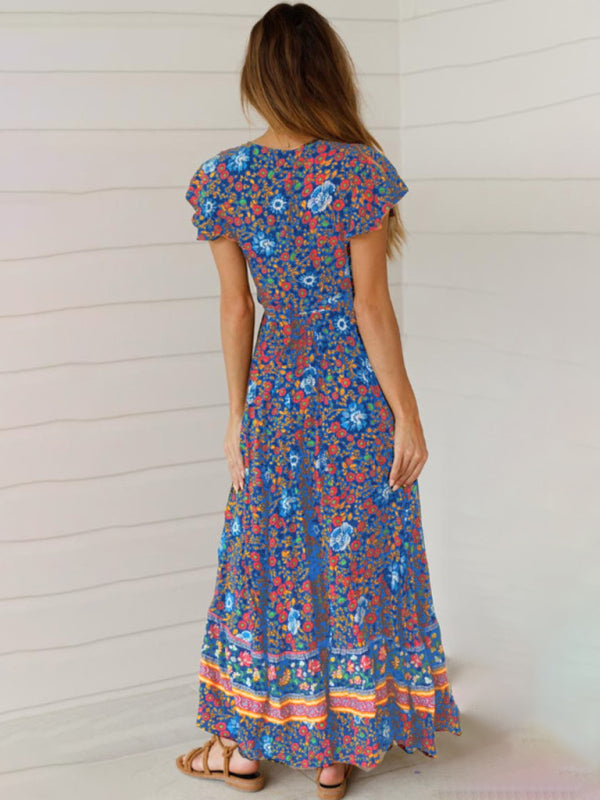 Boho Floral Maxi Dress with V-Neck & Tunic Cardigan