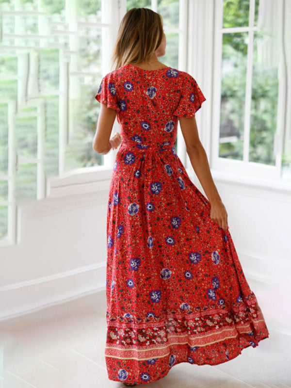Boho Floral Maxi Dress with V-Neck & Tunic Cardigan