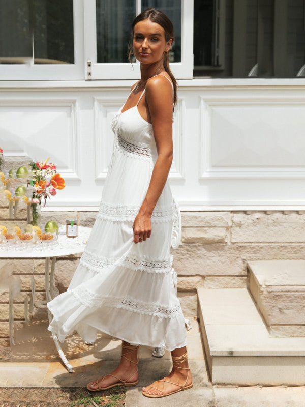 Bohemian High-Waist Paneled Lace Midi Dress – White Sling Style