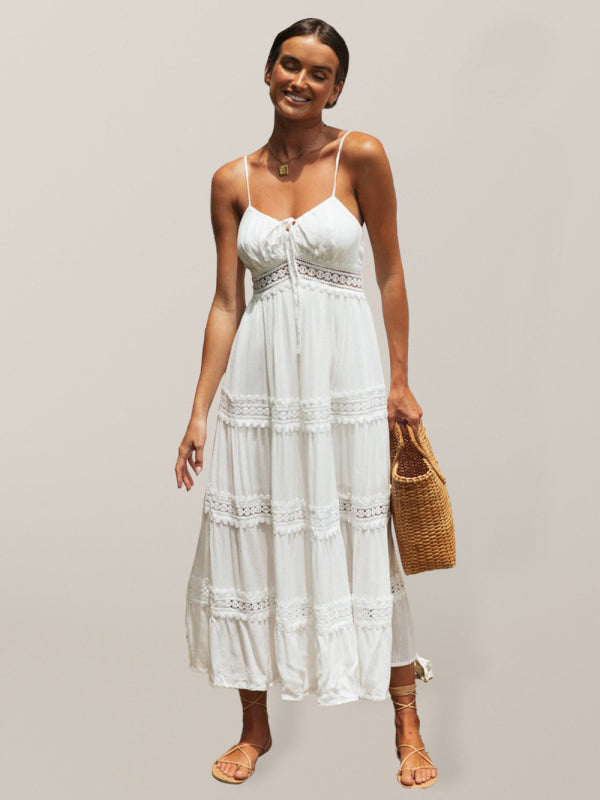 Bohemian High-Waist Paneled Lace Midi Dress – White Sling Style