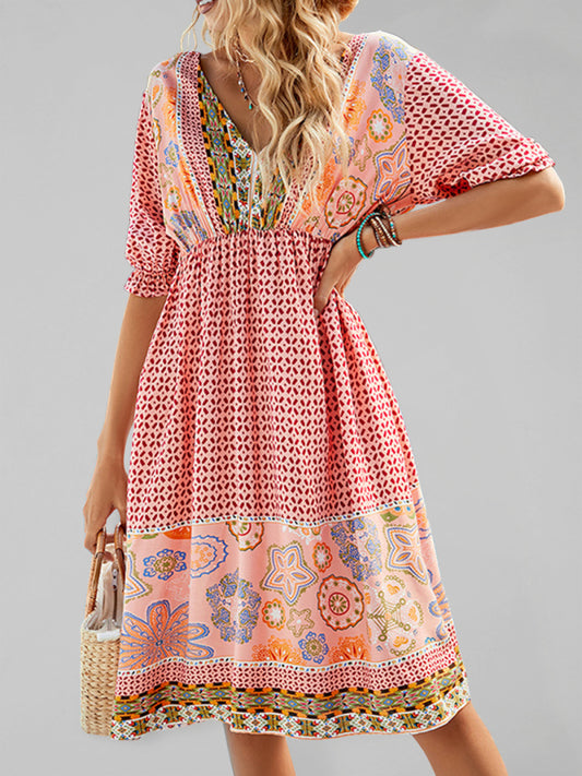 Boho Floral Midi Dress – Short Sleeve V-Neck High-Waist for Vacation & Resort