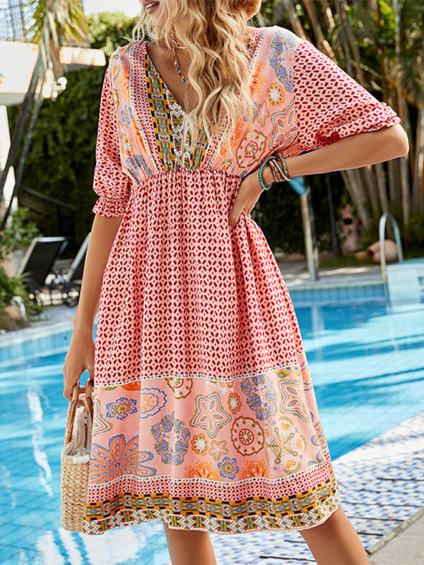 Boho Floral Midi Dress – Short Sleeve V-Neck High-Waist for Vacation & Resort