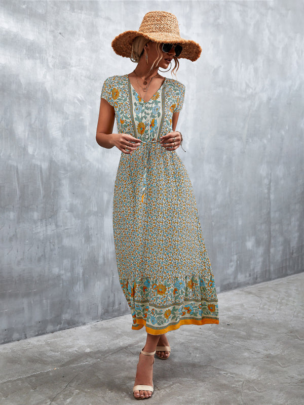 Bohemian V-Neck Maxi Dress – Woven High Waist, Short Sleeve Fit
