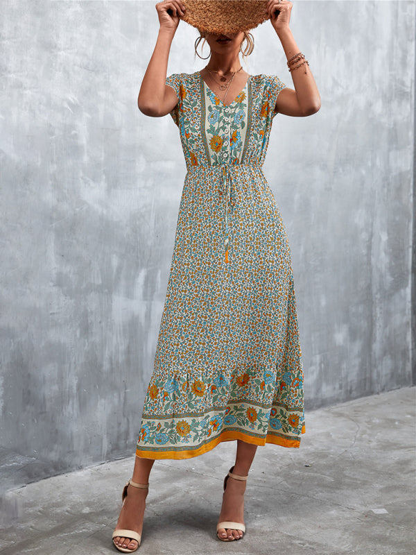 Bohemian V-Neck Maxi Dress – Woven High Waist, Short Sleeve Fit