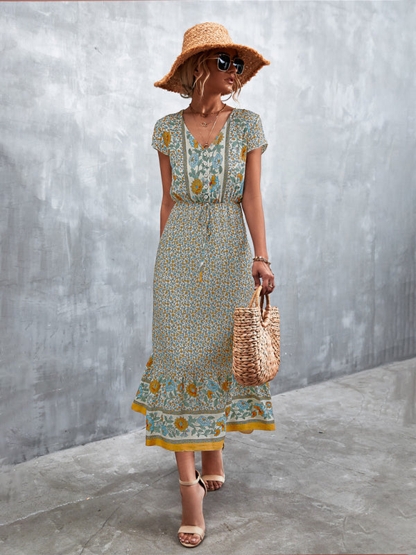 Bohemian V-Neck Maxi Dress – Woven High Waist, Short Sleeve Fit
