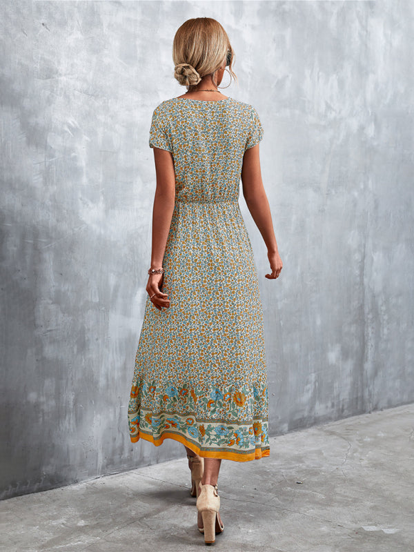 Bohemian V-Neck Maxi Dress – Woven High Waist, Short Sleeve Fit