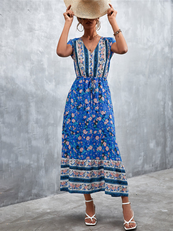 Bohemian V-Neck Maxi Dress – Woven High Waist, Short Sleeve Fit